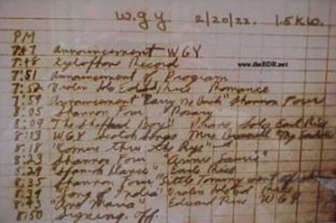 WGY’s Station Log for the opening day’s events